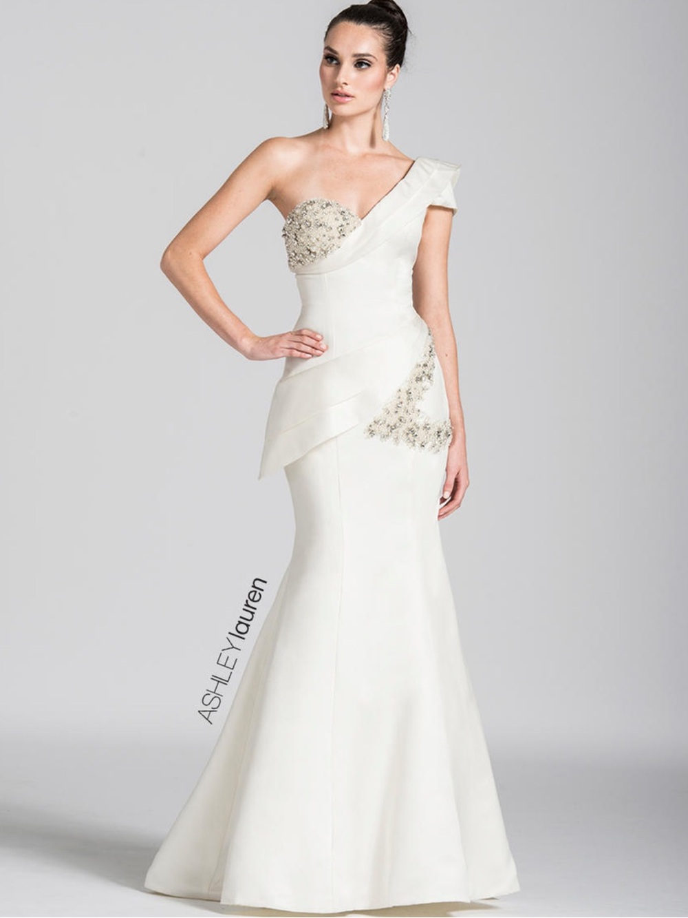 Ashley Lauren 1087 One-Shoulder Ivory Evening Gown with Embellished Accents